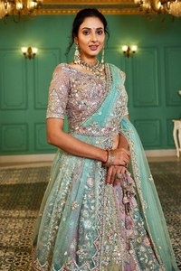 Made of Premium Quality Multi Colour Bridel <strong>Net</strong> Fabric Full Flaire Semi-Stitched <strong>Lehenga</strong> With Gotapatti and Sequins - Product Image 6