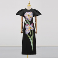 Robes longues élégantes et raffinées, style été 2025, nouvelle collection, manches bouffantes à fleurs, coupe ajustée pour femmes