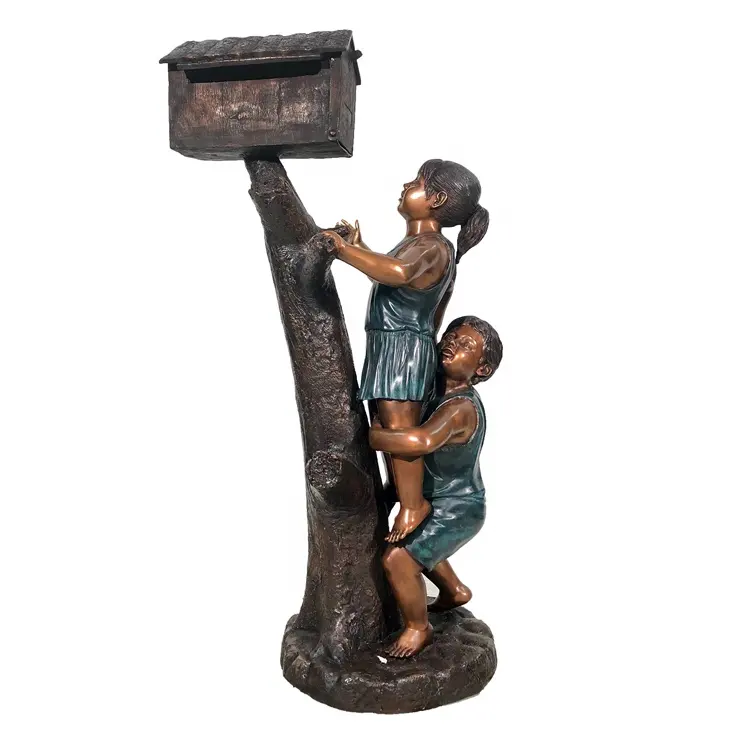 Açık bahçe metal dekorasyon bronz heykel erkek ve kız posta kutusu