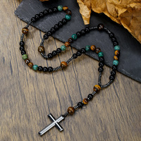 Collier Croix Religieuse pour Homme Très Demandé, Perles en Œil de Tigre Jaune et Gallstones Noirs Naturels, Style Hip Hop
