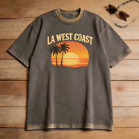 T-shirt surdimensionné personnalisé en coton épais, style vintage délavé, motif coucher de soleil de la côte ouest de Los Angeles, impression DTG, streetwear, vente en gros, OEM, ODM