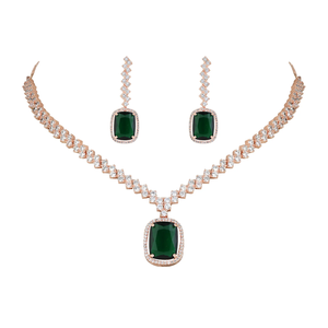 Ensemble de bijoux pour femmes, collier et boucles d'oreilles pendantes en or rose plaqué, zircone cubique, diamant américain, couleur verte, bijoux tendance - Product Image 3