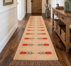 Tapis de couloir en jute floral fait main, style bohème rustique avec franges, pour entrée, salon, chambre, décoration de sol - Product Image 1
