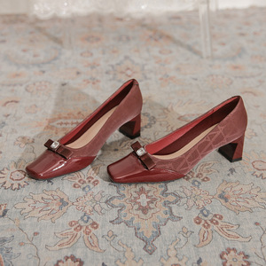 Genuine Leather Square Toe Mary Jane Pumps With Buckle Decoration <b>Block</b> Slip On High Heeled Shoes For Women All Seasons Shoes - Product Image 1