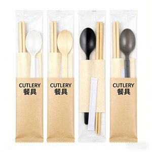Juego de Cubiertos Desechables Individualmente Envueltos 4 en 1, Cuchara, <span class=keywords><strong>Servilleta</strong></span>, Tenedor, <span class=keywords><strong>Palillos</strong></span>, 100 Piezas para Comida para Llevar, Restaurante, Aerolínea - Product Image 1