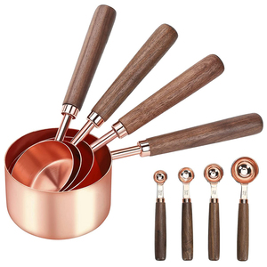 Kitchen 8 PCS Long Wood Handle Powder Coffee Copper Gold <strong>Measuring</strong> <strong>Cups</strong> and Spoons Set - Product Image 1
