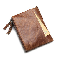Pabrik Grosir Dompet Lipat Tiga Vintage Pemblokir RFID Kulit Asli dengan Ritsleting Dompet Saku Koin
