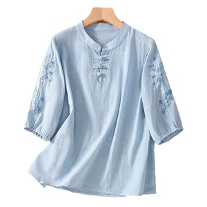 Traditional Chinese Cotton Linen Top With Embroidery Frog Buttons Women's Summer Short Sleeve White Lotus Root Sky Blue - Product Image 5