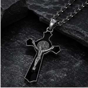 yunnique Stainless Steel <b>Cross</b> Pendant Necklace For Men Geometric Design Black And Silver Tone Crucifix Religious Jewelry - Product Image 2