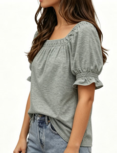Camiseta Gris de Cuello Cuadrado con Mangas Cortas Abullonadas para Mujer, Blusa Casual Holgada con Volantes en los Puños, Top de Verano a la Moda - Product Image 2