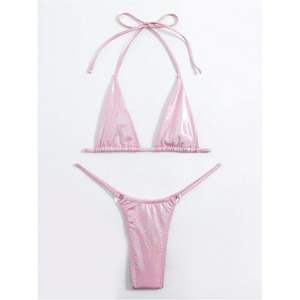 Ensemble bikini personnalisé pour femme, micro-top halter et string, deux pièces, effet pailleté métallique, extensible, en Spandex et Polyester - Product Image 4