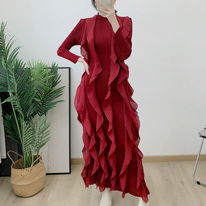 Vestido Maxi Plisado de Chifón Sólido Miyake con Aberturas y Manga Larga, Novedad de Verano 2026, Ropa Casual al por Mayor - Product Image 4