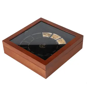 Caja de almacenamiento de monedas de madera de nogal con 12 ranuras personalizadas de fábrica, vitrina de monedas de recuerdo con tapa transparente