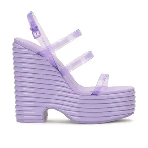 Anmairon Soft Party Sandals Summer Jelly Colors Slide Wedge Sandals Sexy Purple Patent Leather Round Toe Platform Sandals