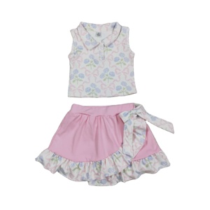 เสื้อเชิ้ตเด็กผู้หญิงลายดอกไม้โบว์ RTS Boutique ผ้าฝ้ายผสมสแปนเด็กซ์ ระบายอากาศได้ดี พร้อมกระโปรงสั้นซับใน ชุดลำลองสำหรับฤดูใบไม้ผลิ - Product Image 1