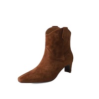 Sepatu Boot Wanita Kulit Sapi Model Slip-On Anti-Slip dengan Ujung Persegi