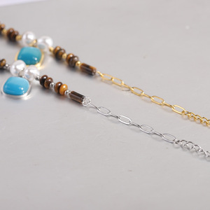 Pulsera de Moda con Cuentas de 12 mm, Cuadradas, de Turquesa, Ojo de Tigre y Perla, Cadena Dorada, Regalo para Mujer - Product Image 5