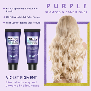 Shampooing et après-<span class=keywords><strong>shampoing</strong></span> violet tonifiant en laiton sans sulfate de marque privée pour cheveux blonds décolorés, argentés et bruns - Product Image 4