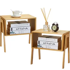 Bamboo Set of 2 Nightstands for Small Spaces Storage Night Stand Side Table for Bedroom