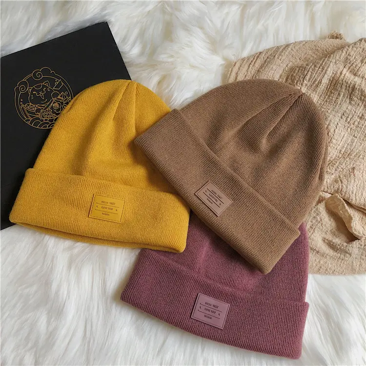 Custom Logo Women Men Casual Soild Color Crochet Knit Hat Winter Warm Beanie Hats