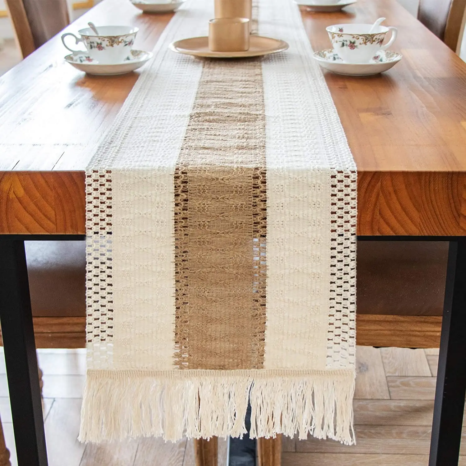 Bông Trắng Lanh Trang Trại Macrame Bảng Trang Trí Vải Boho Tay Dệt Đám Cưới Bàn Tiệc Á Hậu