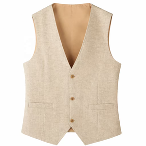 Customized <strong>Men's</strong> <strong>Beige</strong> Linen Blend Suit <strong>Vest</strong>, Casual Breathable 3-Button Waistcoat with Pockets, Formal &amp; Wedding Wear Casual - Product Image 3