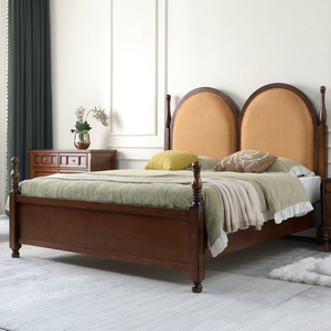 Traditional Queen Size Upholstered Bed Frame with Fabric Headboard and Wooden Posts - Product Image 1