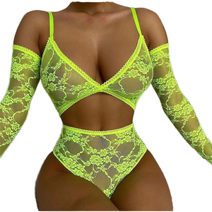 Комплект кружевного нижнего белья зеленого цвета с цветочным узором, с длинными рукавами и стрингами для женщин, сексуальная клубная одежда, прозрачная одежда - Product Image 1