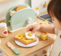 Set Mainan Pemanggang Roti Kayu untuk Anak-Anak, Mainan Simulasi Sarapan, Pembuat Roti, Permainan Peran, Mainan Makanan Dapur