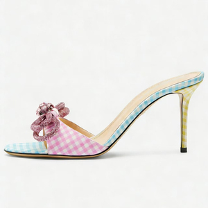 Women Colorful Big Size 45 Mules High Heels on Plaid Sandals Dress Wide Fit Diamonds <b>Shoes</b> - Product Image 4