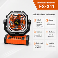 Kipas Angin Luar Ruangan FS X11 Isi Ulang dengan Motor 15W Lampu LED 4 Kecepatan Timer Pengait Daya Tahan Baterai 60 Jam untuk Hiking