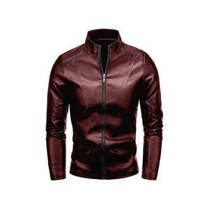 Veste de motard en similicuir marron pour homme, col montant, fermeture éclair, coupe slim, style streetwear décontracté, veste en cuir PU - Product Image 1