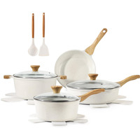 9pcs Set Peralatan Masak Aluminium Berlapis Keramik Putih Modern Anti Lengket dengan Pegangan Kayu Sentuhan Lembut, Cocok untuk Induksi, Ramah Lingkungan, Aman untuk Oven