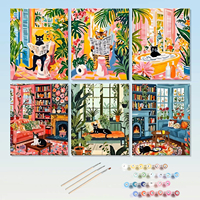 Peinture par numéros de chatons amusants, lot de 6 mini, kit de peinture à l'huile DIY sur toile encadrée, art animalier mignon en acrylique pour la décoration intérieure