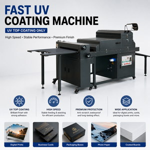 Machine de vernissage UV semi-automatique Double100 avec alimentation et empilage pour l'impression de carton et d'emballages - Product Image 1
