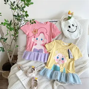 Girls' Patchwork Mesh Dress 2024 Summer New Korean Version Cute Cartoon Series Ruffled Skirt Female