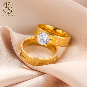 Perhiasan Pernikahan Stainless Steel 18K emas Pvd gaya klasik sederhana dan elegan cetakan berlian pertunangan cincin pernikahan Set