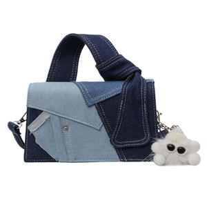 Bolso de hombro personalizado Blue <span class=keywords><strong>Jeans</strong></span> para <span class=keywords><strong>mujer</strong></span>, nuevo diseñador de fábrica, bolso con asa superior, retales cruzados diagonales, resistente al agua - Product Image 6