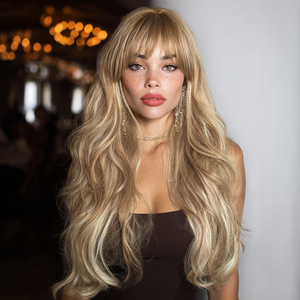 Extensiones de Cabello de 30 Pulgadas con Reflejos Dorados, Puntas Ligeramente Rizadas, Lacias, con Flequillo, Resistentes a Altas Temperaturas, Estilo SM606 - Product Image 6