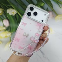 Coque de téléphone transparente à motif nœud pour iPhone 17 Pro Max 16 15 14 11, avec motif cerise mignon et dragonne perlée, pour femmes et filles