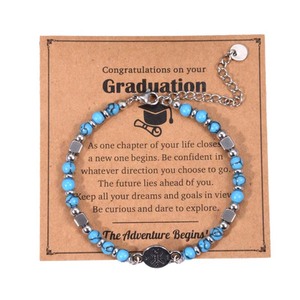 Turquoise Stainless Steel <b>Beaded</b> <b>Bracelet</b> With Compass Charm Adjustable Graduation Gift Jewelry - Product Image 2