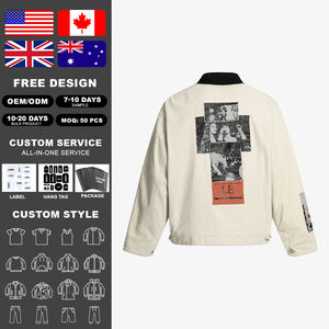 KingSen OEM Men's Vintage Distressed Black Collar Contrast <b>Jacket</b> Loose Fit Zip Up With Graphic Print <b>Patchwork</b> Streetwear Coat - Product Image 2