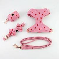 Harnais de luxe en velours côtelé pour chien avec broderie personnalisée en forme de cœur, harnais de poitrine réglable pour animal de compagnie, laisse, collier et sac banane de promenade
