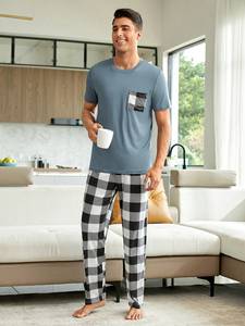 2024 Neues Pyjama-<span class=keywords><strong>Set</strong></span> für Männer Blue Plaid Kurzarm-<span class=keywords><strong>Set</strong></span> Komfortable Sommerschlaf-Kleidung Farbkontrast Home Wear - Product Image 4