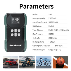 Purehood S600 : Démarreur de Voiture 4000A + Gonfleur de Pneus Numérique 150 PSI |   Boîte d'urgence portable ultra-résistante 27000mAh S700 Batterie déchargée ou pneu crevé? - Product Image 4