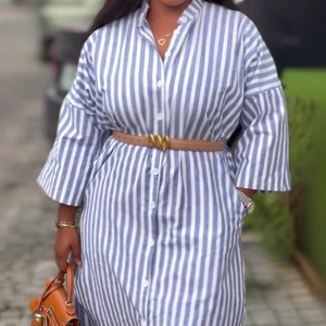 Vestido Casual Africano para Mujer, Talla Grande, Nuevo, a Rayas, con Cuello Camisero y Manga Tres Cuartos, a la Moda - Product Image 3