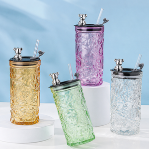 <b>Large</b> Capacity American Style Diamond Pattern Glass <b>Mug</b> Straw Cap-Thickened Wall Microwave Safe Office Travel Use Dishwasher - Product Image 4