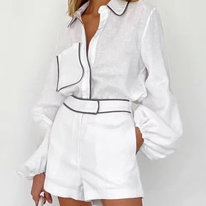 Completo Due Pezzi Casual da <span class=keywords><strong>Donna</strong></span> in <span class=keywords><strong>Lino</strong></span> Bianco a Maniche Lunghe, <span class=keywords><strong>Abbigliamento</strong></span> Estivo alla Moda con Motivo Tinta Unita e Vita Naturale - Product Image 1