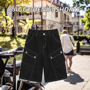 Wholesale Summer Unisex Hip Hop Breathable Mid Waist Denim Shorts <b>Black</b> Wash Baggy <b>Work</b> Vintage Raw Edge Casual Big Pocket - Product Image 2