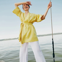 Camisa de lino para mujer vacaciones playa amarillo Boho Undone Robe Longue Femme manga larga 100% Lino Kimono batas camisas de lino para mujer